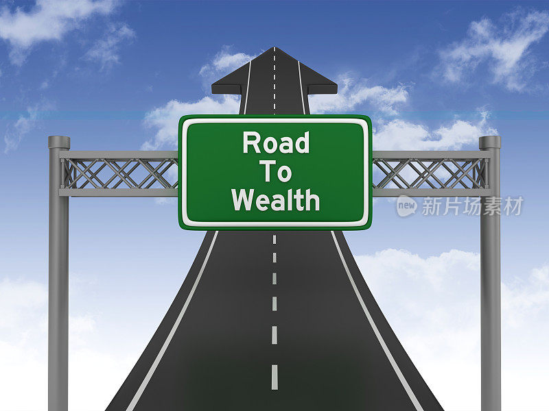 Road Arrow with Road TO WEALTH Highway Sign on Sky - 3D渲染